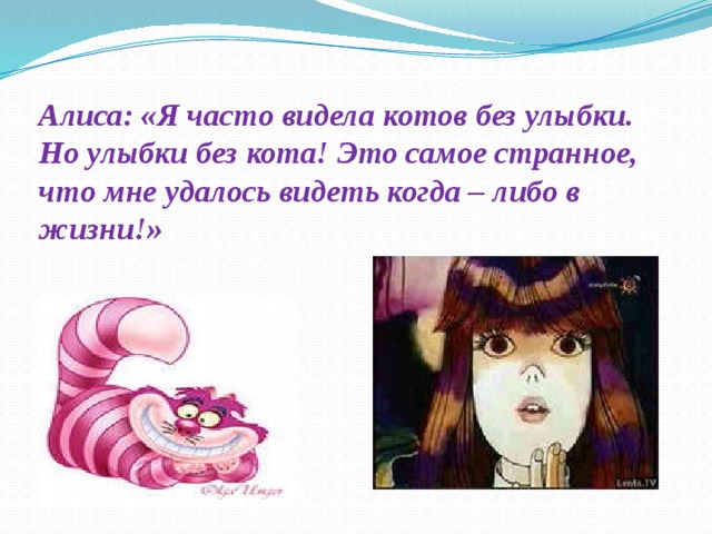 Алиса: «Я часто видела котов без улыбки. Но улыбки без кота! Это самое странное, что мне удалось видеть когда – либо в жизни!»