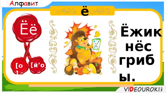  ё Ё ё Ёжик  Аб Бв Вг Гг Дд Ее Ёё Жж Зз  Ии Йй Кк Лл Мм Нн Оо Пп  Рр Сс Т т Уу Фф Хх Цц Чч Шш Щщ Ъ Ы Ь Э Ю Я нёс грибы. [й’о] [о] 