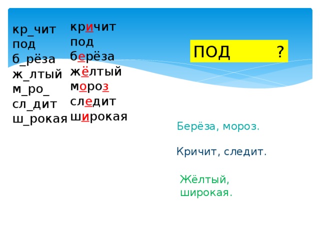 кр и чит под б е рёза ж ё лтый м о ро з сл е дит ш и рокая кр_чит под б_рёза ж_лтый м_ро_ сл_дит ш_рокая ПОД ? Берёза, мороз. Кричит, следит. Жёлтый, широкая. 