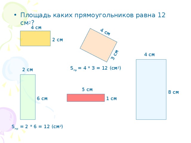 4 см 3 см Площадь каких прямоугольников равна 12 см 2 ? 4 см 2 см 4 см S пр = 4 * 3 = 12 (см 2 ) 2 см 5 см 8 см 1 см 6 см S пр = 2 * 6 = 12 (см 2 ) 