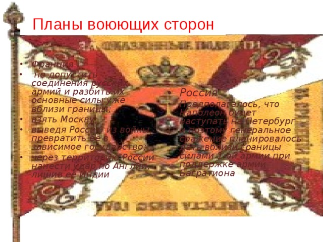 Планы  воюющих  сторон Франция  не допустить соединения русских армий и разбить их основные силы уже вблизи границы; взять Москву; выведя Россию из войны, превратить её в зависимое государство; через территорию России нанести удар по Англии, лишив её Индии Россия Предполагалось, что Наполеон будет наступать на Петербург и поэтому генеральное сражение планировалось дать вблизи границы силами 1-ой армии при поддержке армии Багратиона