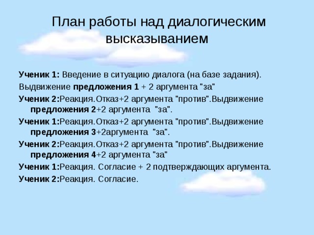  План работы над диалогическим высказыванием  Ученик 1: Введение в ситуацию диалога (на базе задания). Выдвижение предложения 1 + 2 аргумента 