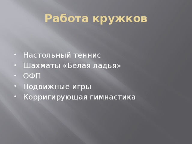 Работа кружков Настольный теннис Шахматы «Белая ладья» ОФП Подвижные игры Корригирующая гимнастика 