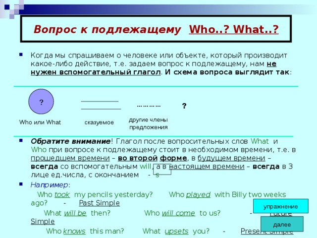 Вопрос к подлежащему Who..? What..? Когда мы спрашиваем о человеке или объекте, который производит какое-либо действие, т.е. задаем вопрос к подлежащему, нам не нужен вспомогательный глагол . И схема вопроса выглядит так : Обратите внимание ! Глагол после вопросительных слов What и Who при вопросе к подлежащему стоит в необходимом времени, т.е. в прошедшем времени – во второй  форме , в будущем времени – всегда со вспомогательным will , а в настоящем времени – всегда в 3 лице ед.числа, с окончанием - s  Например :  Who took my pencils yesterday? Who played with Billy two weeks ago? - Past Simple  What will be then? Who will come to us? - Future Simple  Who knows this man? What upsets you? - Present Simple ? ………… ? другие члены предложения Who или What сказуемое упражнение далее 