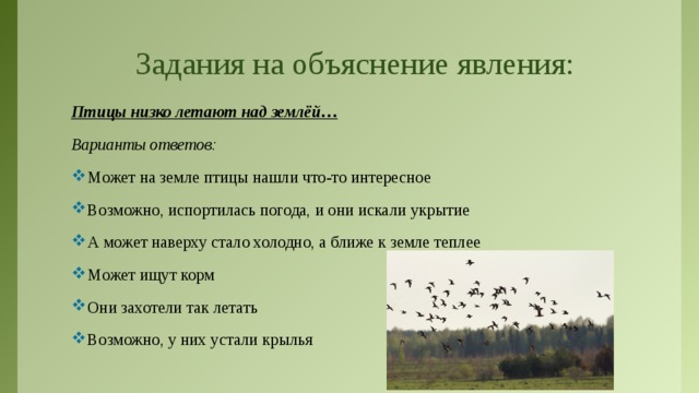 Задания на объяснение явления: Птицы низко летают над землёй… Варианты ответов: Может на земле птицы нашли что-то интересное Возможно, испортилась погода, и они искали укрытие А может наверху стало холодно, а ближе к земле теплее Может ищут корм Они захотели так летать Возможно, у них устали крылья  