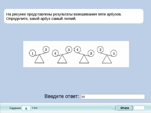 На рисунке представлены результаты взвешивания пяти арбузов.  Определите, какой арбуз самый легкий. Фото с сайта: http://fotopets.ru/publ/foto_dikikh_zhivotnykh/foto_dikikh_zhivotnykh_mira/foto_begemota/44-1-0-132 Введите ответ: Итоги 6 Задание 2 бал. 8 