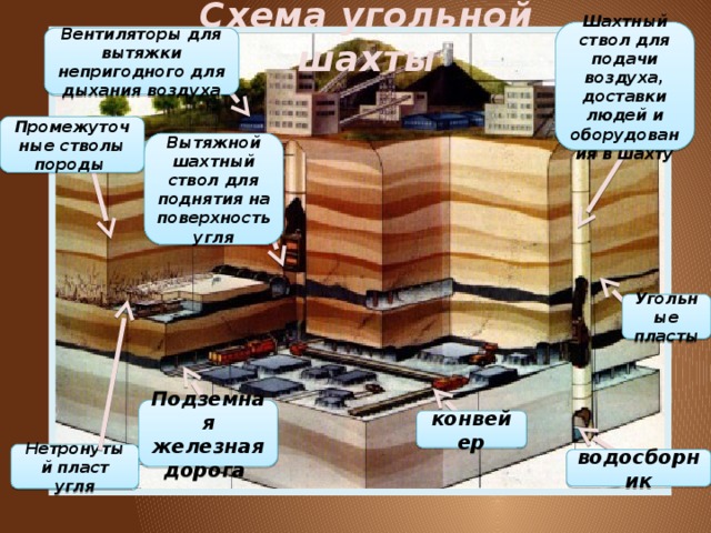 Схема угольной шахты Шахтный ствол для подачи воздуха, доставки людей и оборудования в шахту Вентиляторы для вытяжки непригодного для дыхания воздуха Промежуточные стволы породы Вытяжной шахтный ствол для поднятия на поверхность угля Угольные пласты Подземная железная дорога конвейер Нетронутый пласт угля водосборник 