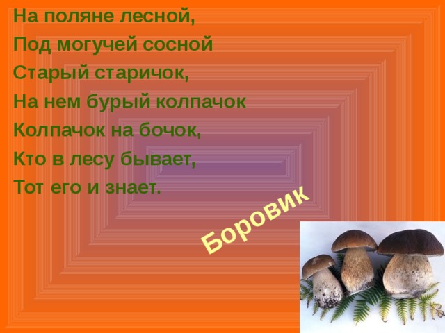 На поляне лесной, Под могучей сосной Старый старичок, На нем бурый колпачок Колпачок на бочок, Кто в лесу бывает, Тот его и знает.  Боровик   