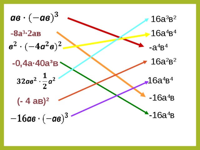 16а 3 в 2 16а 4 в 4 -8а³∙2ав -а 4 в 4 16а 2 в 2 -0,4а∙40а³в 16а 4 в 4 -16а 4 в (- 4 ав) 2 -16а 4 в 