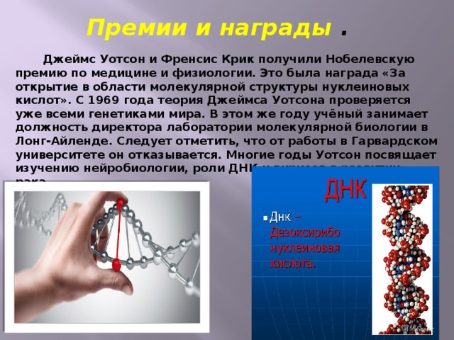 Премии и награды .  Джеймс Уотсон и Френсис Крик получили Нобелевскую премию по медицине и физиологии. Это была награда «За открытие в области молекулярной структуры нуклеиновых кислот». С 1969 года теория Джеймса Уотсона проверяется уже всеми генетиками мира. В этом же году учёный занимает должность директора лаборатории молекулярной биологии в Лонг-Айленде. Следует отметить, что от работы в Гарвардском университете он отказывается. Многие годы Уотсон посвящает изучению нейробиологии, роли ДНК и вирусов в развитии рака. 