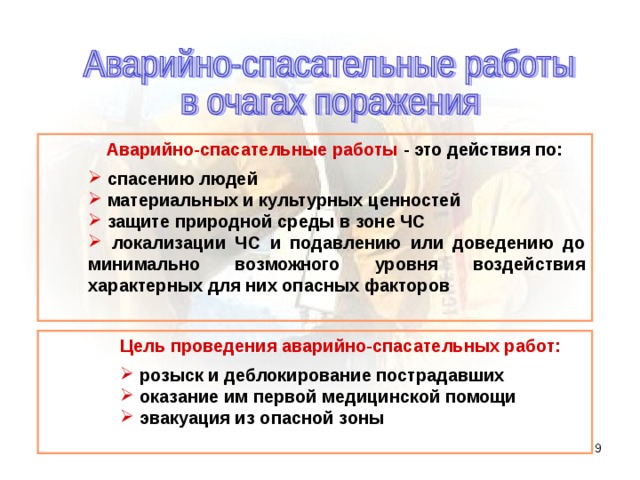 Аварийно-спасательные работы - это действия по:   спасению людей  материальных и культурных ценностей  защите природной среды в зоне ЧС  локализации ЧС и подавлению или доведению до минимально возможного уровня воздействия характерных для них опасных факторов  Цель проведения аварийно-спасательных работ:   розыск и деблокирование пострадавших  оказание им первой медицинской помощи  эвакуация из опасной зоны  5 