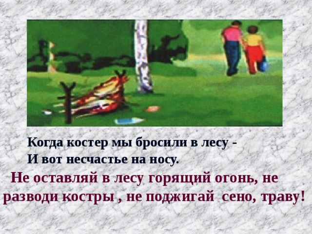 Когда костер мы бросили в лесу -  И вот несчастье на носу.     Не оставляй в лесу горящий огонь, не разводи костры , не поджигай сено, траву! 