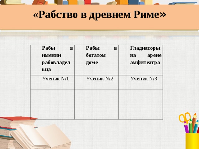 «Рабство в древнем Риме »   Рабы в имении рабовладельца Рабы в богатом доме Ученик №1 Гладиаторы на арене амфитеатра Ученик №2     Ученик №3  