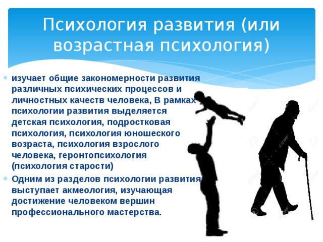 Психология развития (или возрастная психология) изучает общие закономерности развития различных психических процессов и личностных качеств человека, В рамках психологии развития выделяется детская психология, подростковая психология, психология юношеского возраста, психология взрослого человека, геронтопсихология (психология старости) Одним из разделов психологии развития выступает акмеология, изучающая достижение человеком вершин профессионального мастерства. 