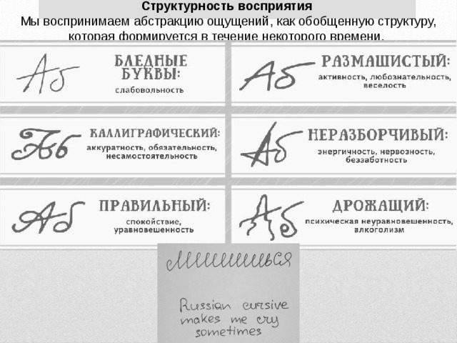 Структурность восприятия    Мы воспринимаем абстракцию ощущений, как обобщенную структуру, которая формируется в течение некоторого времени. 