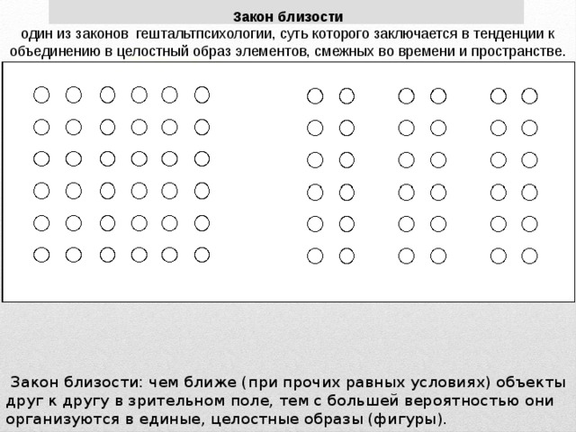 Закон близости один из законов  гештальтпсихологии, суть которого заключается в тенденции к объединению в целостный образ элементов, смежных во времени и пространстве.   Закон близости: чем ближе (при прочих равных условиях) объекты друг к другу в зрительном поле, тем с большей вероятностью они организуются в единые, целостные образы (фигуры). 