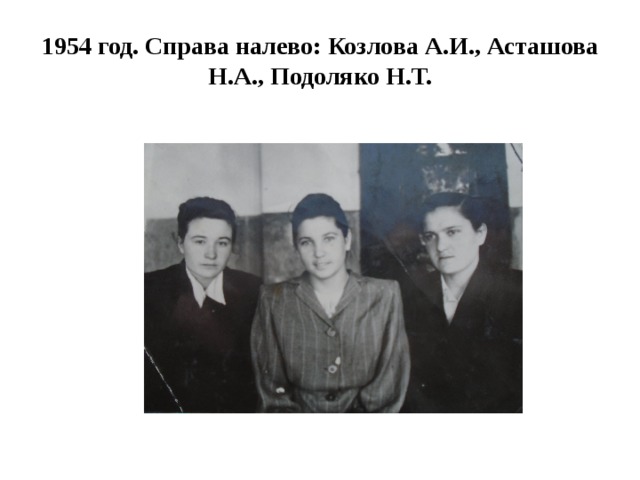 1954 год. Справа налево: Козлова А.И., Асташова Н.А., Подоляко Н.Т. 