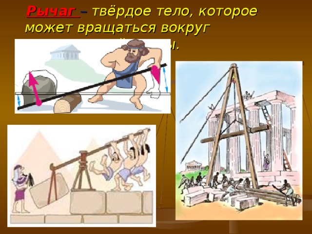  Рычаг – твёрдое тело, которое может вращаться вокруг неподвижной опоры. 