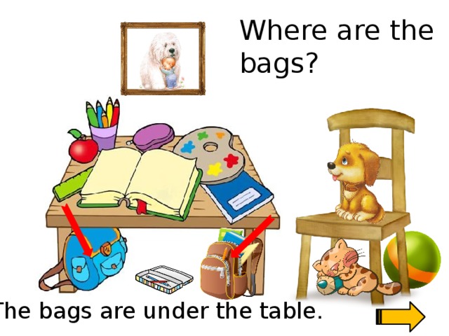 Where are the bags? Скажи где находиться предмет. The bags are under the table.