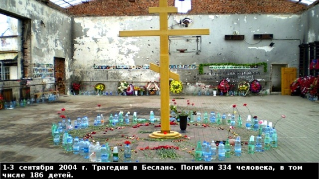 1-3 сентября 2004 г. Трагедия в Беслане. Погибли 334 человека, в том числе 186 детей. 3 сентября в России отмечается День солидарности в борьбе с терроризмом. 