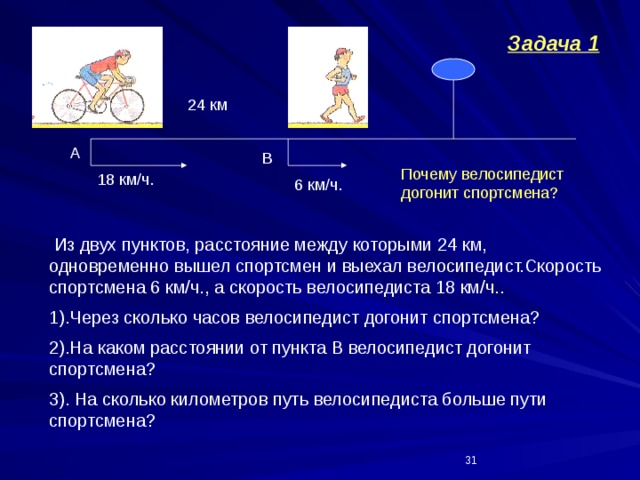 Задача 1 24 км А В Почему велосипедист догонит спортсмена? 18 км/ч. 6 км/ч.  Из двух пунктов, расстояние между которыми 24 км, одновременно вышел спортсмен и выехал велосипедист.Скорость спортсмена 6 км/ч., а скорость велосипедиста 18 км/ч.. 1).Через сколько часов велосипедист догонит спортсмена? 2).На каком расстоянии от пункта В велосипедист догонит спортсмена? 3). На сколько километров путь велосипедиста больше пути спортсмена?  