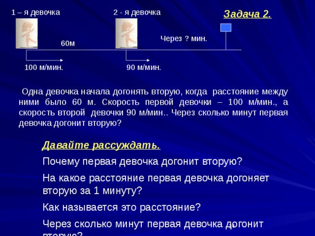 Задача 2. 1 – я девочка 2 - я девочка Через ? мин. 60м 90 м/мин. 100 м/мин.  Одна девочка начала догонять вторую, когда расстояние между ними было 60 м. Скорость первой девочки – 100 м/мин., а скорость второй девочки 90 м/мин.. Через сколько минут первая девочка догонит вторую? Давайте рассуждать. Почему первая девочка догонит вторую? На какое расстояние первая девочка догоняет вторую за 1 минуту? Как называется это расстояние? Через сколько минут первая девочка догонит вторую?  