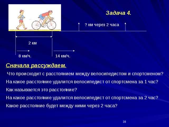 Задача  4. ? км через 2 часа 2 км 8 км/ч. 14 км/ч. Сначала рассуждаем. Что происходит с расстоянием между велосипедистом и спортсменом? На какое расстояние удалится велосипедист от спортсмена за 1 час? Как называется это расстояние? На какое расстояние удалится велосипедист от спортсмена за 2 час? Какое расстояние будет между ними через 2 часа?  