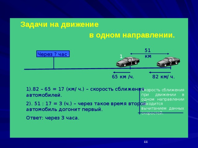  Задачи на движение  в одном  направлении. 51 км Через ? час . 1 1 2 82 км/ ч. 65 км /ч. 1).82 – 65 = 17 (км/ ч.) – скорость сближения автомобилей. 2). 51 : 17 = 3 (ч.) – через такое время второй автомобиль догонит первый. Ответ: через 3 часа. Скорость сближения при движении в одном направлении находится вычитанием данных скоростей.  