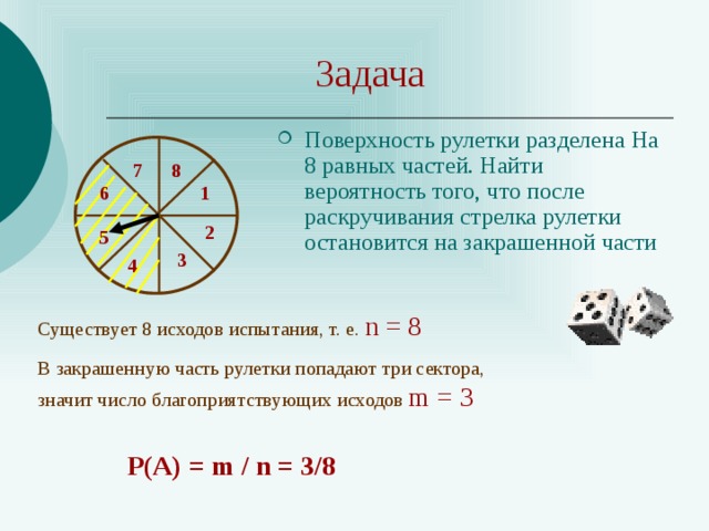 Задача Поверхность рулетки разделена На 8 равных частей. Найти вероятность того, что после раскручивания стрелка рулетки остановится на закрашенной части 7 8 1 6 2 5 3 4 Существует 8 исходов испытания, т. е. n = 8 В закрашенную часть рулетки попадают три сектора, значит число благоприятствующих исходов m = 3  Р(А) = m / n = 3/8 