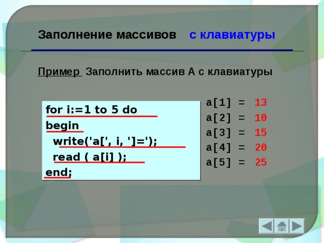 Заполнение массивов  с клавиатуры Пример Заполнить массив А с клавиатуры 13 1 0 15 20 25 a[1] = a[2] = a[3] = a[4] = a[5] = for i:=1 to 5 do begin  write('a[', i, ']=');  read ( a[i] ); end;  