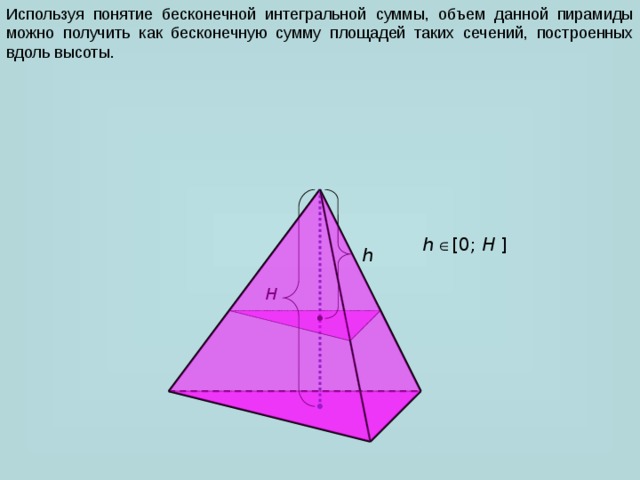 Используя понятие бесконечной интегральной суммы, объем данной пирамиды можно получить как бесконечную сумму площадей таких сечений, построенных вдоль высоты. h  [0; H ] h H 