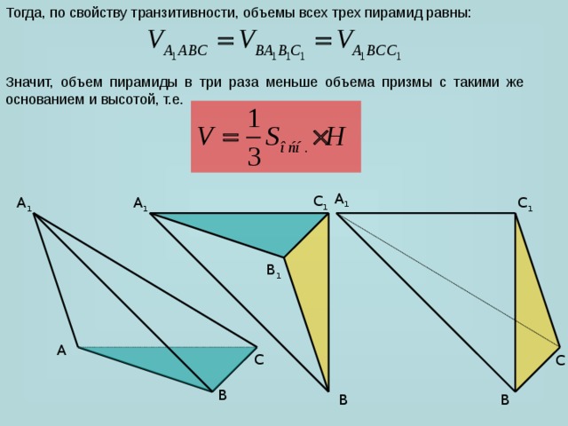 Тогда, по свойству транзитивности, объемы всех трех пирамид равны: Значит, объем пирамиды в три раза меньше объема призмы с такими же основанием и высотой, т.е. A 1 C 1 A 1 A 1 C 1 B 1 A C C B B B 