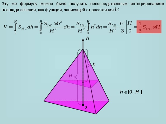 Эту же формулу можно было получить непосредственным интегрированием площади сечения, как функции, зависящей от расстояния h : h h H h  [0; H ] 0 