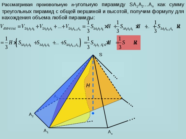 Рассматривая произвольную n -угольную пирамиду SA 1 A 2 …A n как сумму треугольных пирамид с общей вершиной и высотой, получим формулу для нахождения объема любой пирамиды: S H A 3 A 2 A 1 A n 