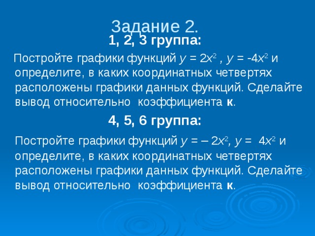 Задание 2.    1, 2, 3 группа:  Постройте графики функций  у =  2 х 2  , у = - 4 х 2  и определите, в каких координатных четвертях расположены графики данных функций. Сделайте вывод относительно  коэффициента к .  4, 5, 6 группа:  Постройте графики функций  у =  – 2 х 2 , у =   4 х 2  и определите, в каких координатных четвертях расположены графики данных функций. Сделайте вывод относительно  коэффициента к . 