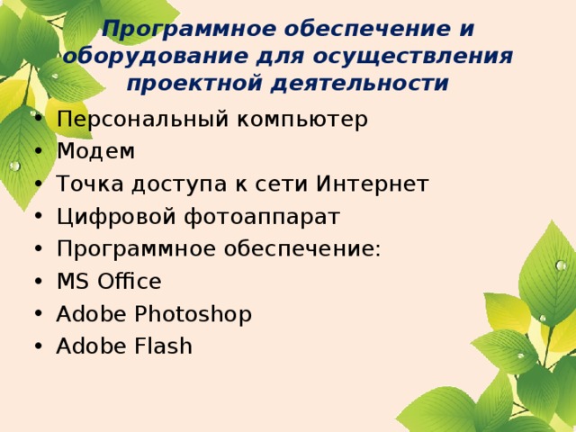   Программное обеспечение и оборудование для осуществления проектной деятельности   Персональный компьютер Модем Точка доступа к сети Интернет Цифровой фотоаппарат Программное обеспечение: MS Office Adobe Photoshop Adobe Flash  