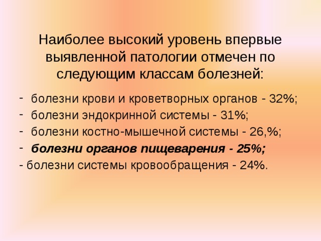 Наиболее высокий уровень впервые выявленной патологии отмечен по следующим классам болезней: болезни крови и кроветворных органов - 32%; болезни эндокринной системы - 31%; болезни костно-мышечной системы - 26,%; болезни органов пищеварения - 25%;  - болезни системы кровообращения - 24%.    