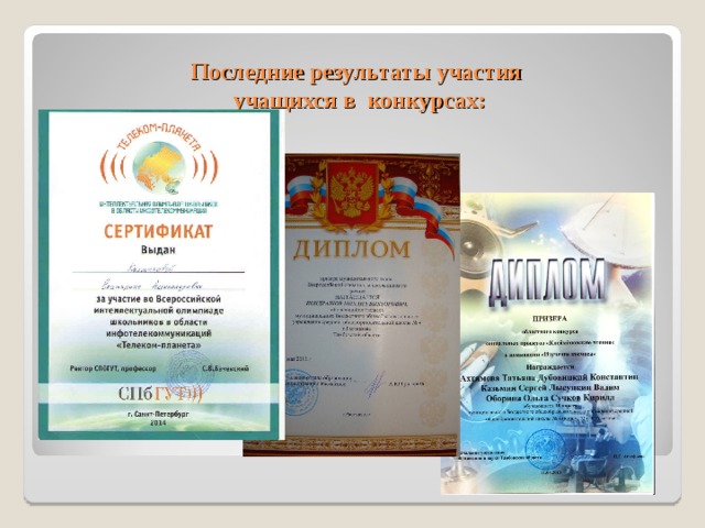 Последние результаты участия  учащихся в конкурсах: 