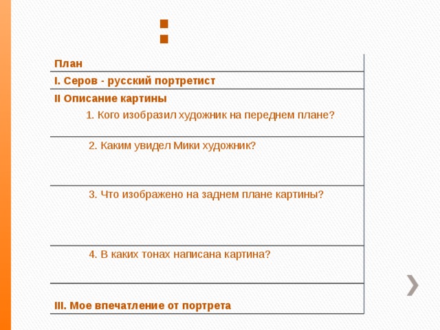 План: План I. Серов - русский портретист II Описание картины  1. Кого изобразил художник на переднем плане?  2. Каким увидел Мики художник?  3. Что изображено на заднем плане картины?  4. В каких тонах написана картина? III. Мое впечатление от портрета 