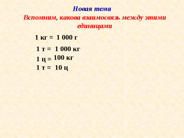 Новая тема Вспомним, какова взаимосвязь между этими единицами 1 кг = 1 000 г 1 т = 1 000 кг 100 кг 1 ц = 1 т = 10 ц 