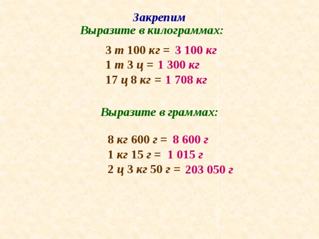 Закрепим Выразите в килограммах: 3 т 100 кг = 3 100 кг 1 т 3 ц = 17 ц 8 кг = 1 300 кг 1 708 кг Выразите в граммах: 8 кг 600 г = 8 600 г 1 кг 15 г = 2 ц 3 кг 50 г = 1 015 г 203 050 г 