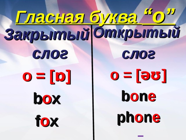Гласная буква “o” Открытый слог o = [əʊ] b o n e ph o n e  Закрытый слог o = [ɒ] b o x f o x   