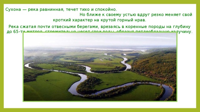 Сухона — река равнинная, течет тихо и спокойно. Но ближе к своему устью вдруг резко меняет свой кроткий характер на крутой горный нрав. Река сжатая почти отвесными берегами, врезаясь в коренные породы на глубину до 65-ти метров, стремительно несет свои воды, образуя петлеобразную излучину. 