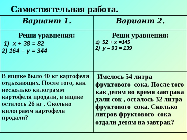 Самостоятельная работа. Вариант 1. Вариант 2. Реши уравнения:  1)  х + 38 = 82 Реши уравнения: В ящике было 40 кг картофеля отдыхающих. После того, как несколько килограмм картофеля продали, в ящике осталось 26 кг . Сколько килограмм картофеля продали? 2) 164 – у = 344 1)   52 + х =145  Имелось 54 литра фруктового сока. После того как детям во время завтрака дали сок , осталось 32 литра фруктового сока. Сколько литров фруктового сока отдали детям на завтрак ?  2)  у – 93 = 139  