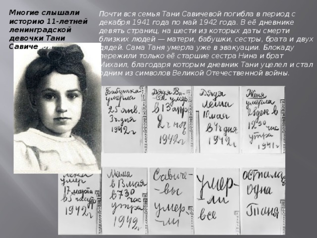 Многие слышали историю 11-летней ленинградской девочки Тани Савиче вой Почти вся семья Тани Савичевой погибла в период с декабря 1941 года по май 1942 года. В её дневнике девять страниц, на шести из которых даты смерти близких людей — матери, бабушки, сестры, брата и двух дядей. Сама Таня умерла уже в эвакуации. Блокаду пережили только её старшие сестра Нина и брат Михаил, благодаря которым дневник Тани уцелел и стал одним из символов Великой Отечественной войны. 