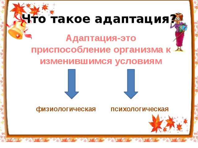Что такое адаптация? Адаптация-это приспособление организма к изменившимся условиям Адаптация - это перестройка организма на работу в изменившихся условиях. физиологическая психологическая 