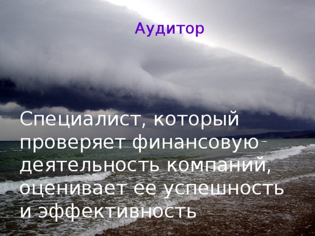 Аудитор Специалист, который проверяет финансовую деятельность компаний, оценивает ее успешность и эффективность   