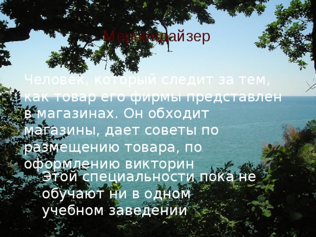 Мерчендайзер Человек, который следит за тем, как товар его фирмы представлен в магазинах. Он обходит магазины, дает советы по размещению товара, по оформлению викторин Этой специальности пока не обучают ни в одном учебном заведении  