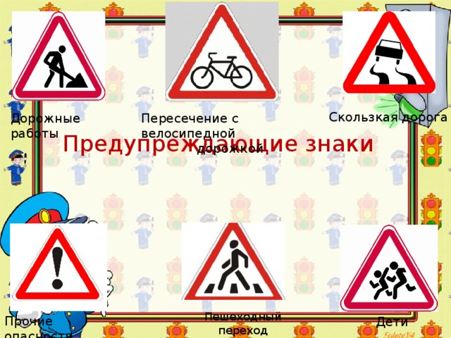 Скользкая дорога Дорожные работы Пересечение с велосипедной  дорожкой Предупреждающие знаки Пешеходный переход Прочие опасности Дети 