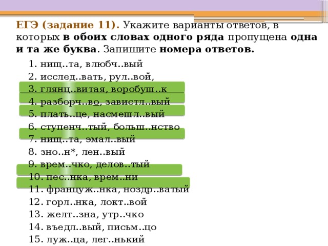 Не видно варианты ответов. Укажите ряд, в котором в обоих словах пропущена одна и та же буква.. ЕГЭ задание одна и та же буква в суффиксах. Влюбч..вый. Расчётл..вый.